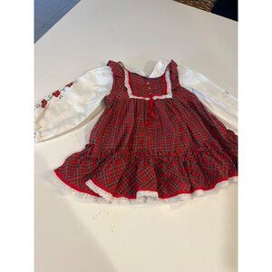 Vintage Red Plaid Toddler Dress With White Sleeves Embroidered Flowers & Lace Tr